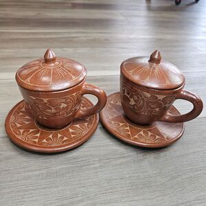 Decorative Coffee Cup 2 Set Handmade Pottery with Saucer and Lid